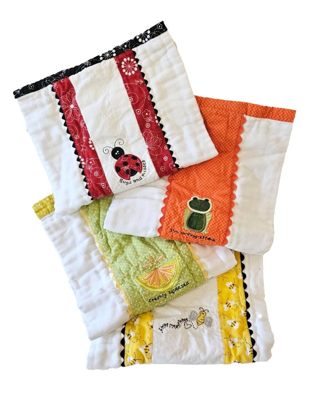4 Vintage Burp Cloth Diaper Prefolds Heirloom Embroidered Lovey Security Blanket